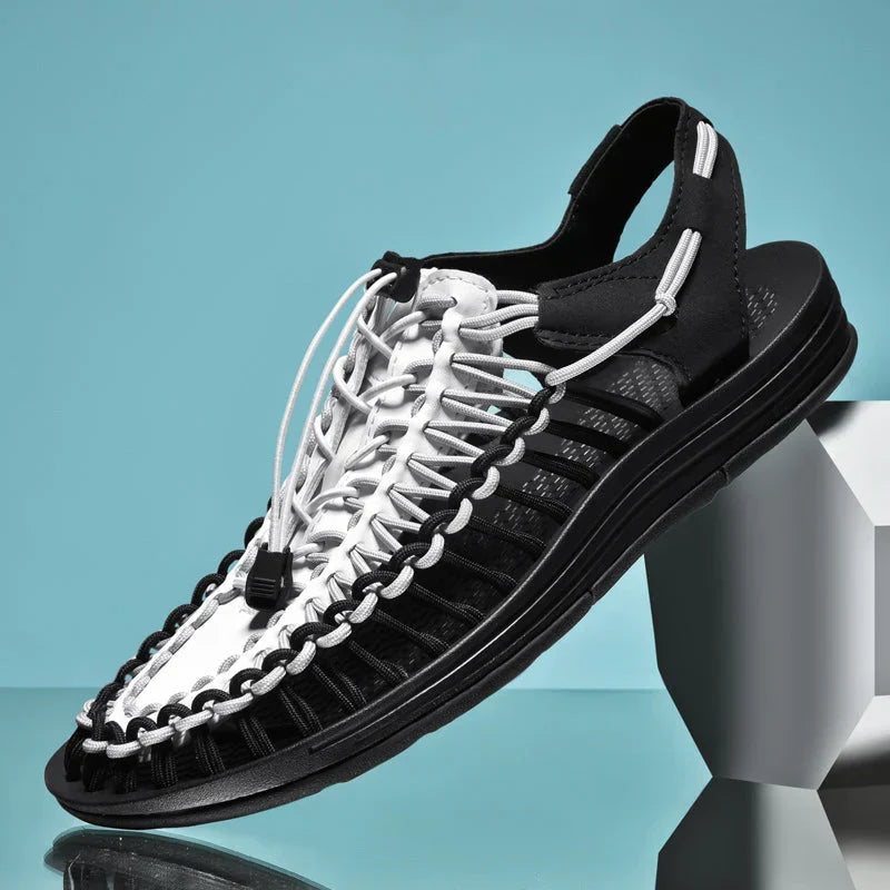 Sandales fermées en maille tissée à lacets réglables pour l'été homme – Noir et blanc