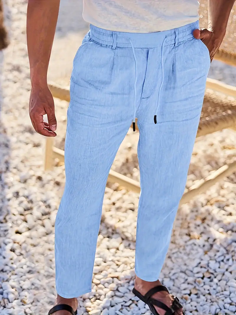 Pantalon large aspect lin à cordon