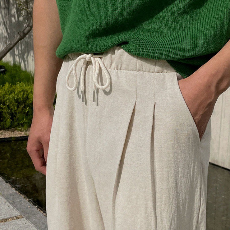 Pantalon beige aspect lin à cordon
