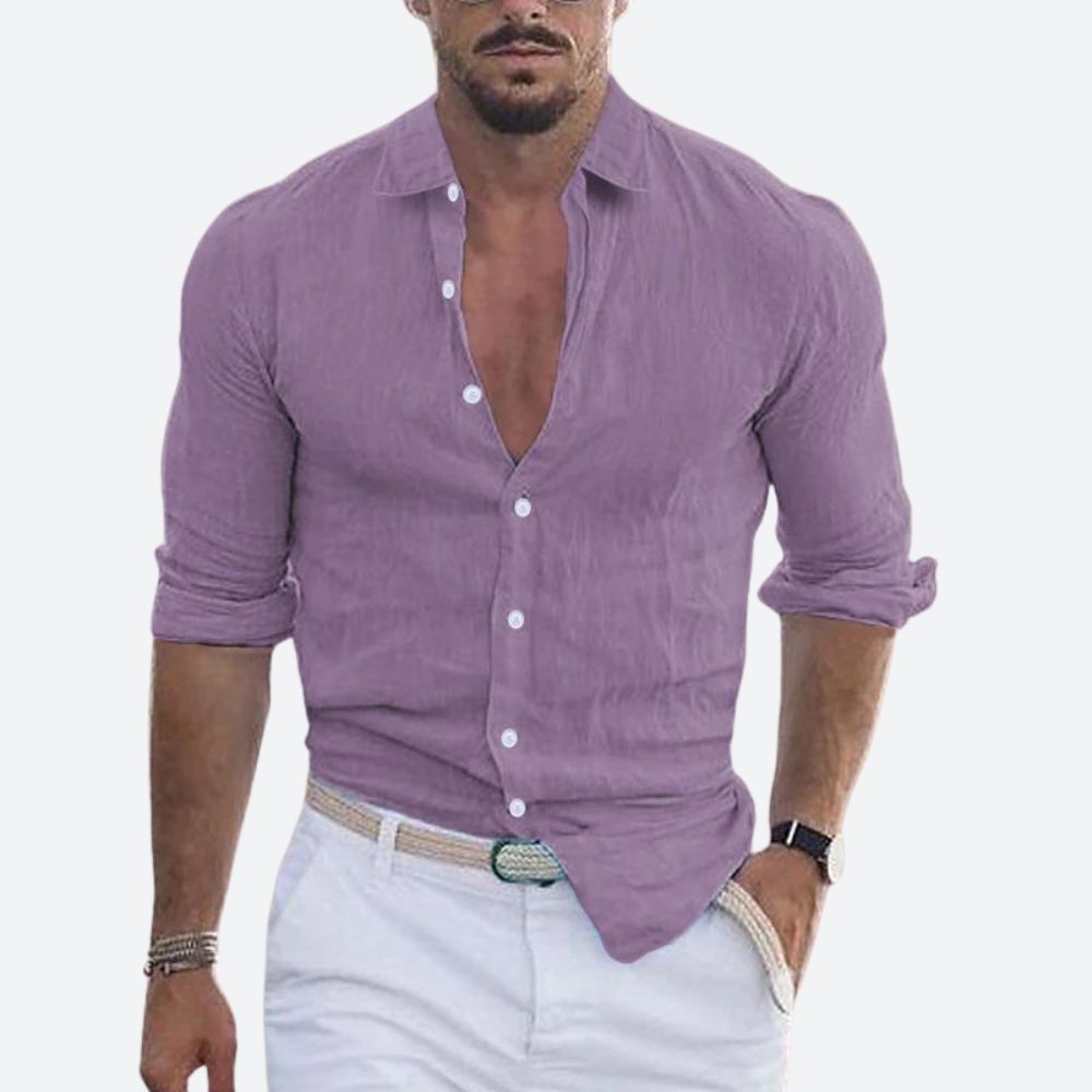 Chemise en lin coupe slim col ouvert au style intemporel homme – Violet