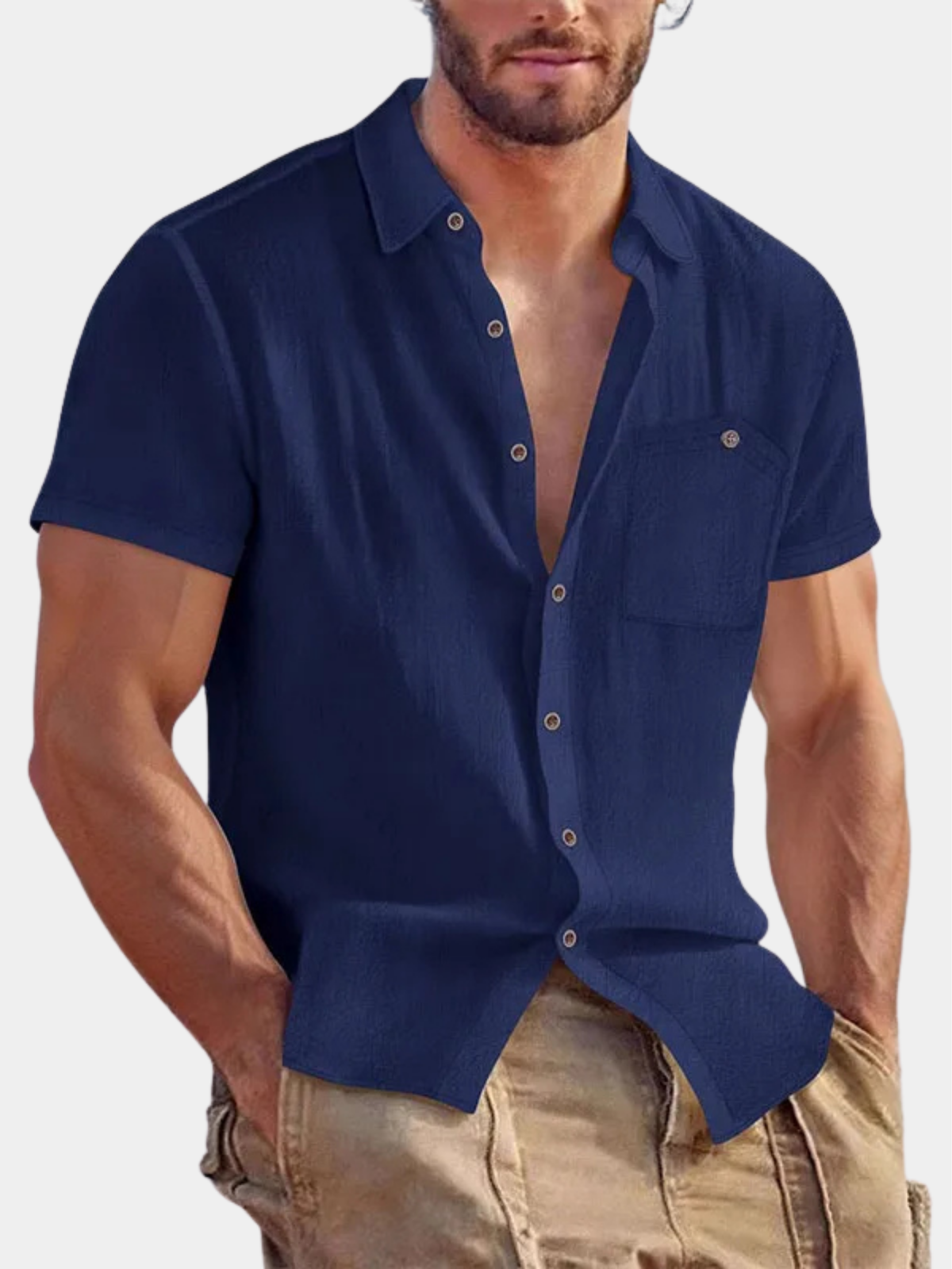 Chemise d’été col ouvert aspect lin