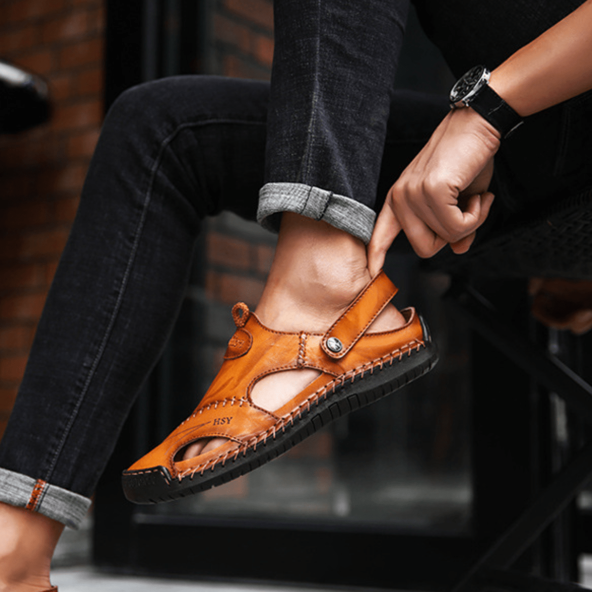 Sandales en cuir à découpes bride réglable style estival homme – Villandraut