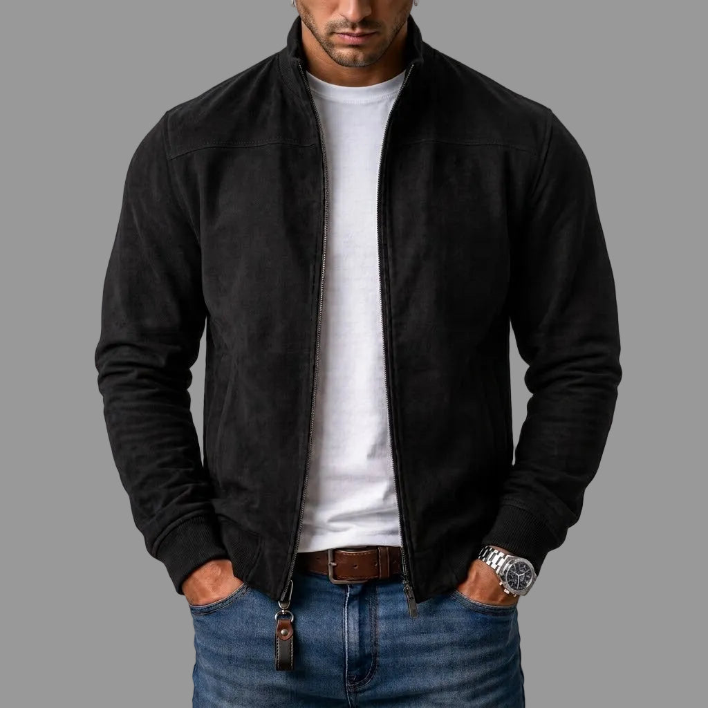 Blouson bomber aspect daim zippé col montant