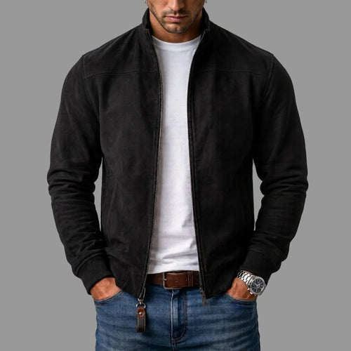 Blouson bomber aspect daim zippé col montant