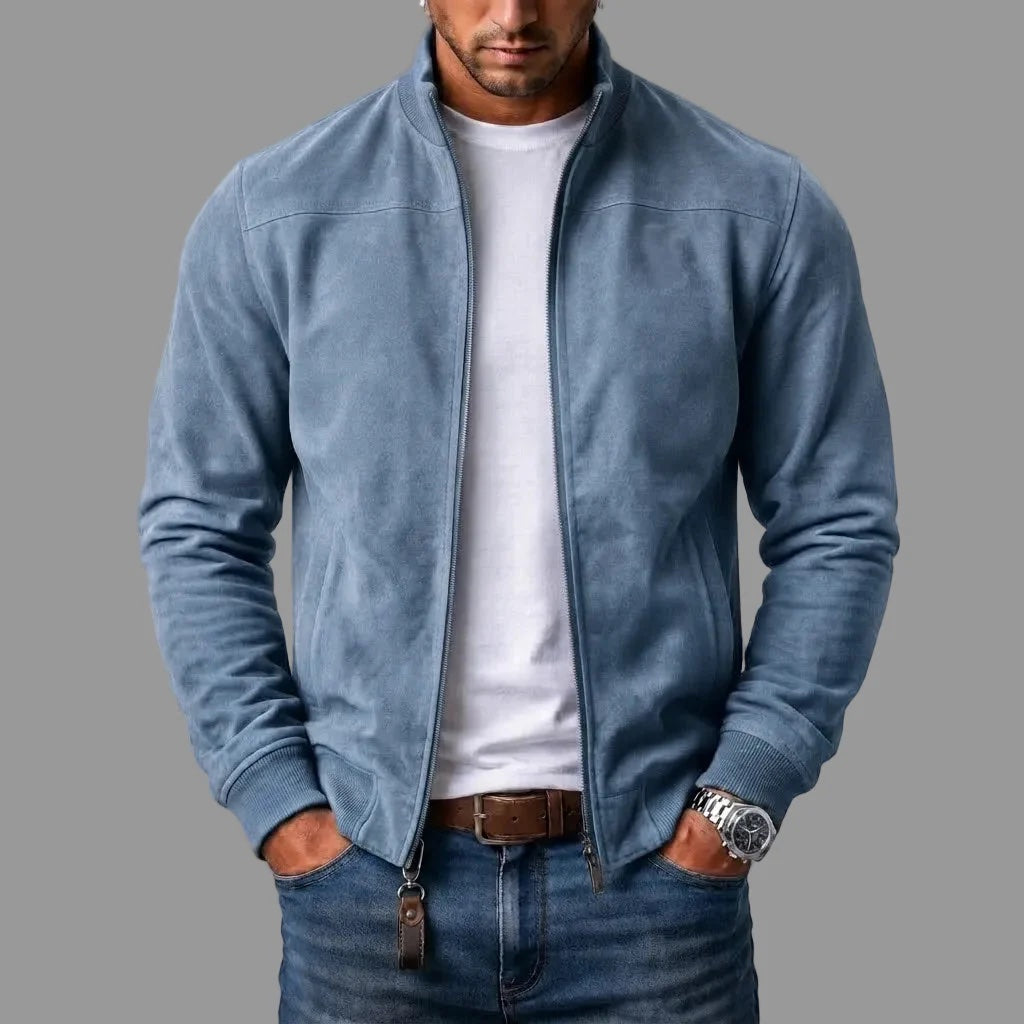 Blouson bomber aspect daim zippé col montant
