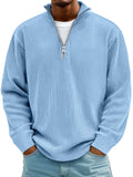 Pull col camionneur zippé maille côtelée bleu porté de face – Falguière