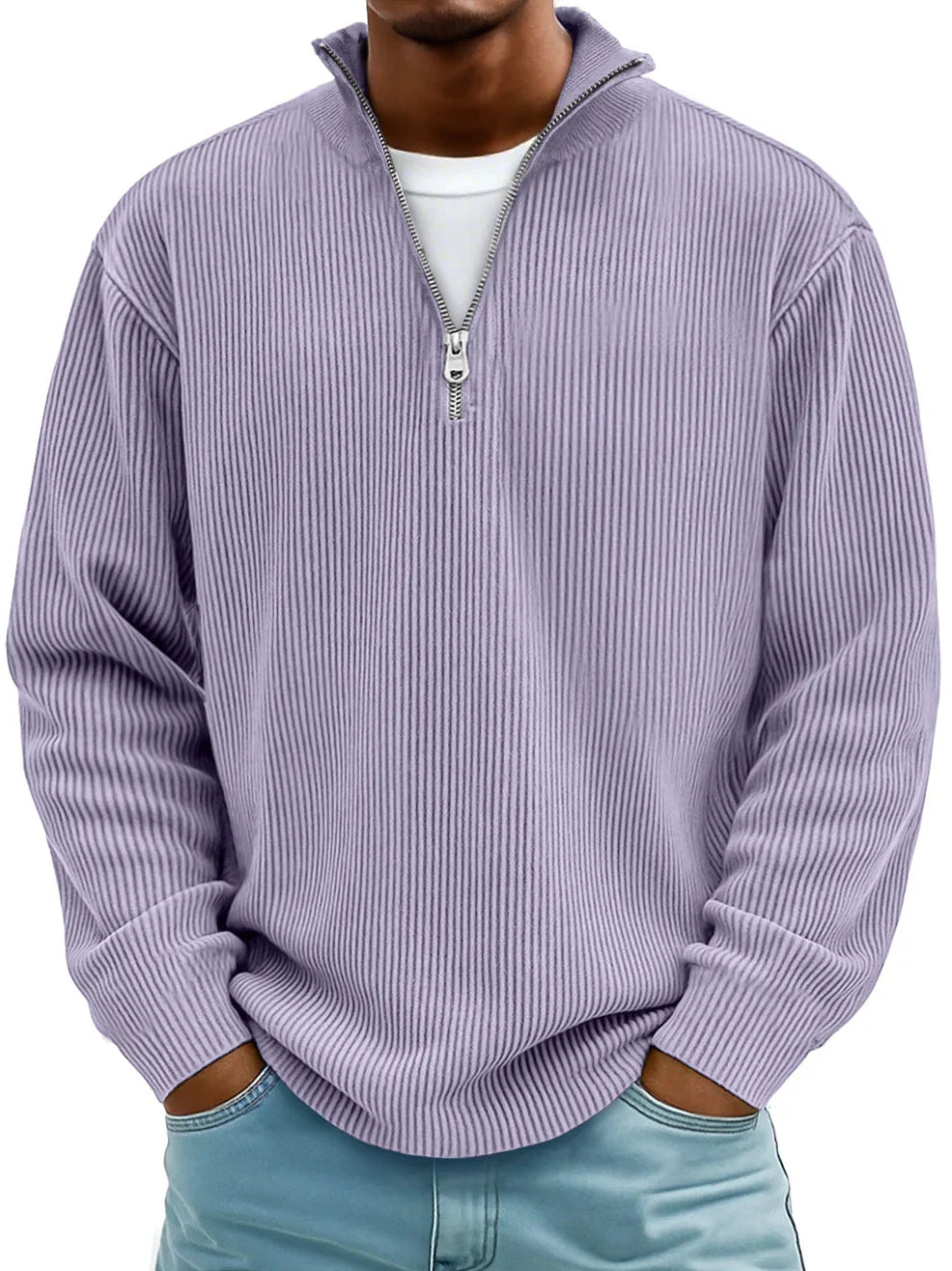 Pull col camionneur zippé maille côtelée violet porté de face – Falguière