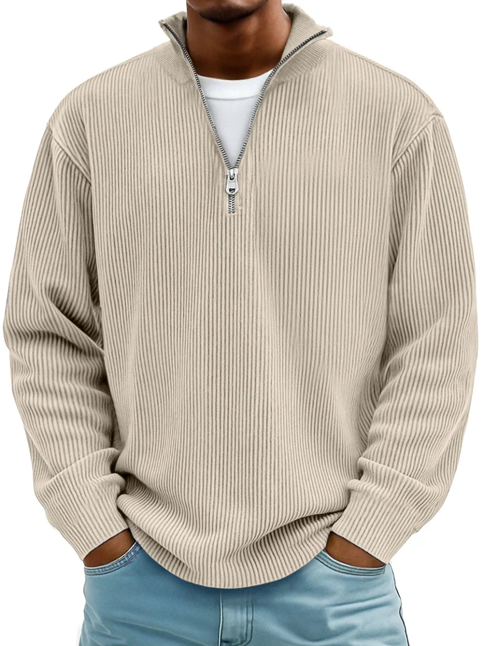 Pull col camionneur zippé maille côtelée kaki porté de face – Falguière