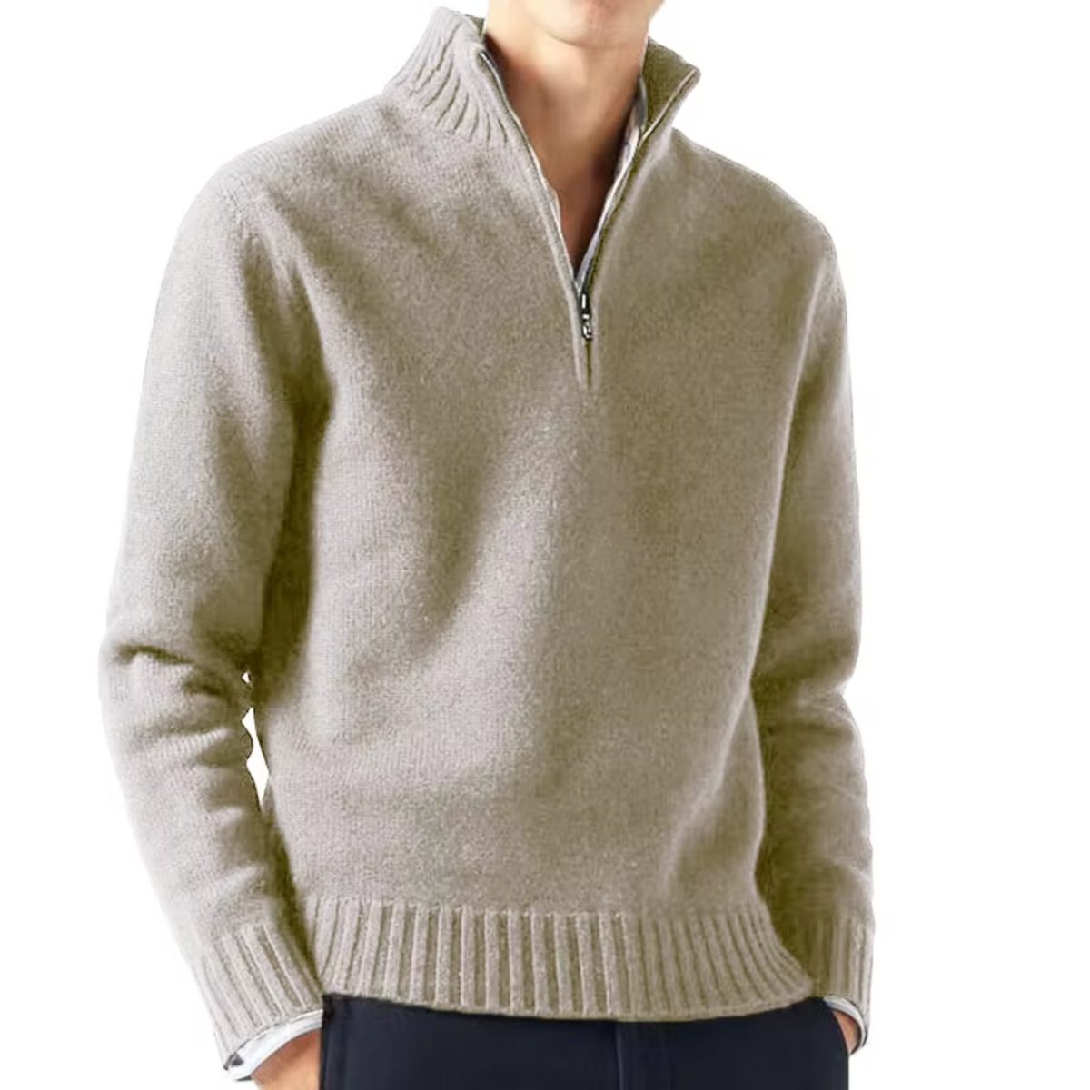 Pull col montant zippé en laine maille fine coupe ajustée homme – Beige