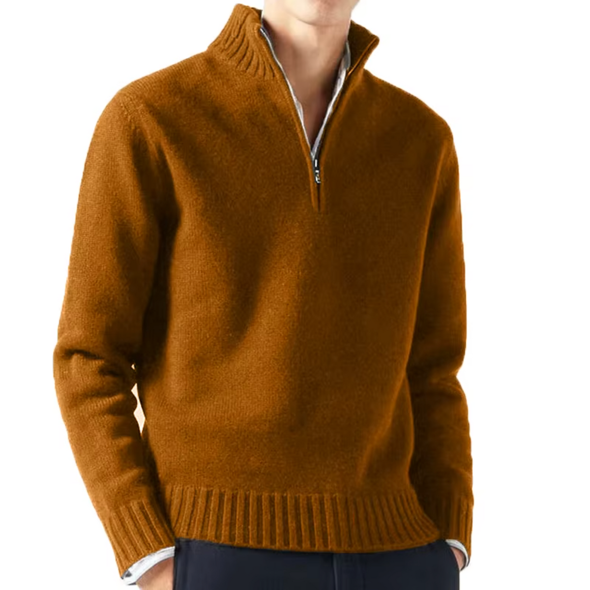 Pull col montant zippé en laine maille fine coupe ajustée homme – Marron