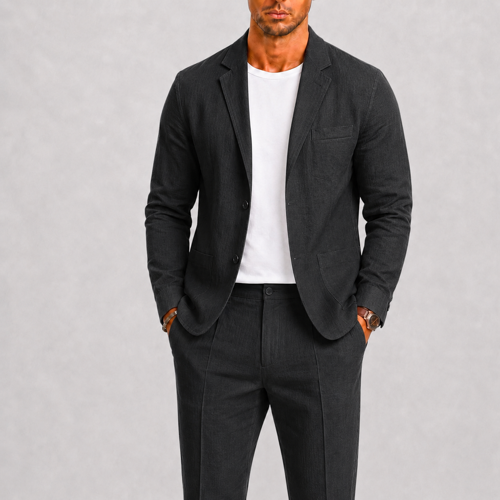 Costume en lin veste et pantalon assortis silhouette nette homme – Plougrescant