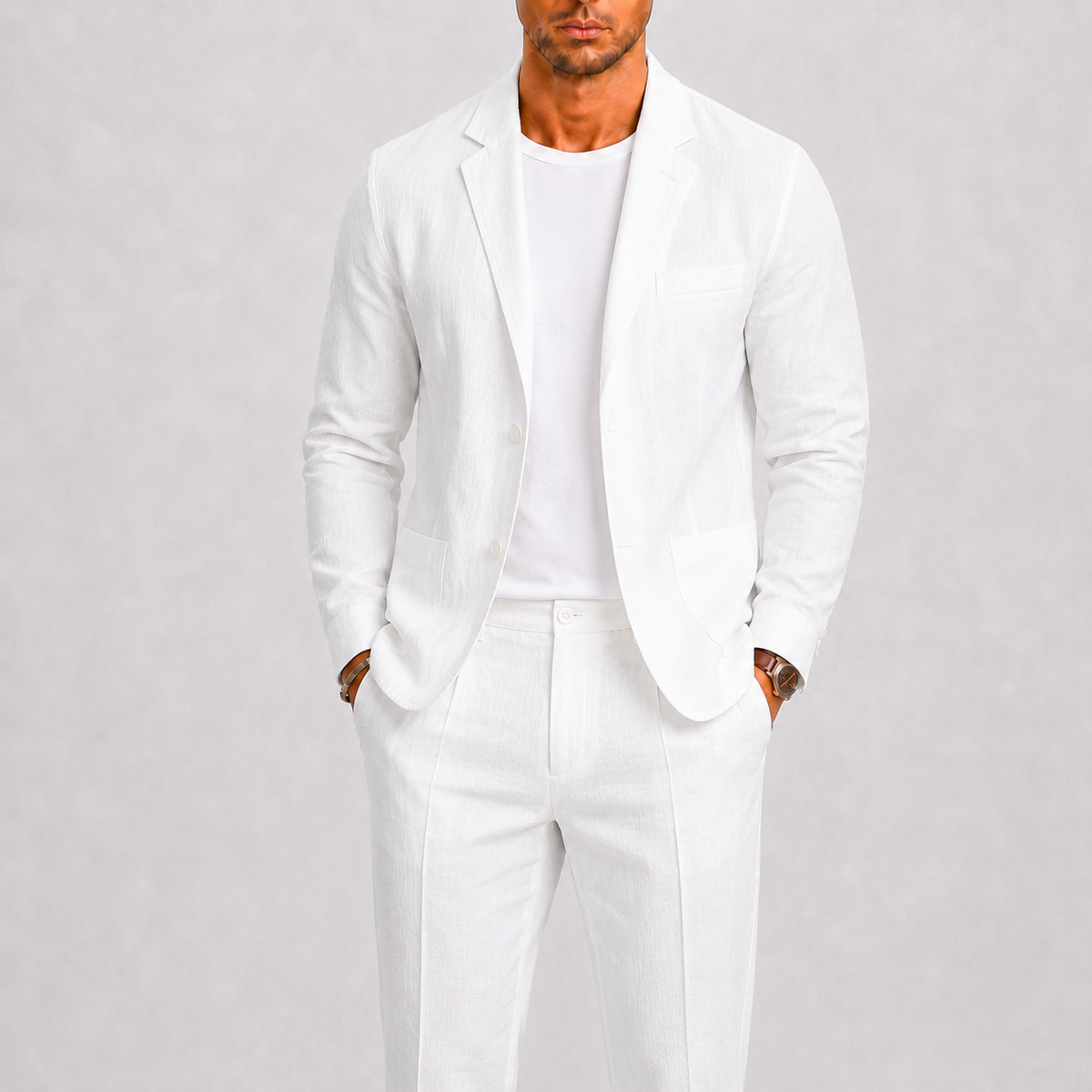 Costume en lin veste et pantalon assortis silhouette nette homme – Plougrescant