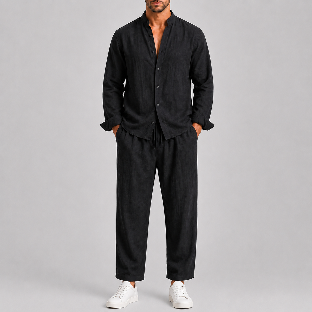 Ensemble d'été chemise col montant et pantalon assorti homme – Montsoreau