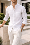 Chemise en mélange de lin col mao coupe décontractée homme – Utah
