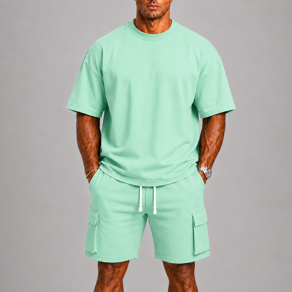 Ensemble d'été t-shirt col rond et short cargo assorti homme – Loches