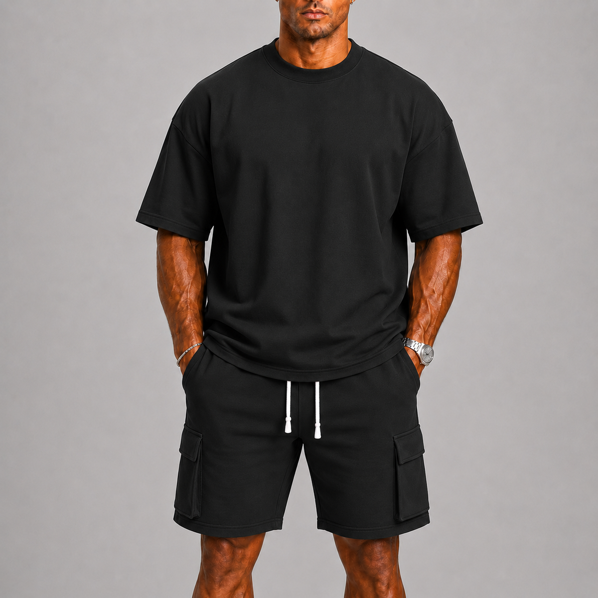 Ensemble d'été t-shirt col rond et short cargo assorti homme – Loches