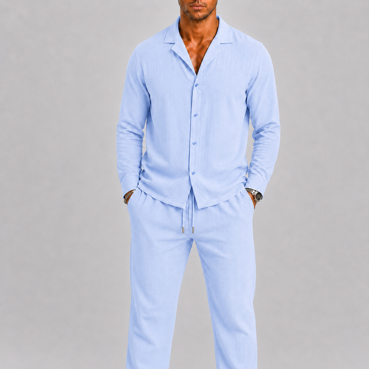Ensemble chemise col cubain et pantalon en lin homme – Bleu clair
