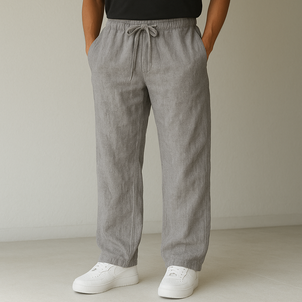 Pantalon aspect lin bleu marine à cordon