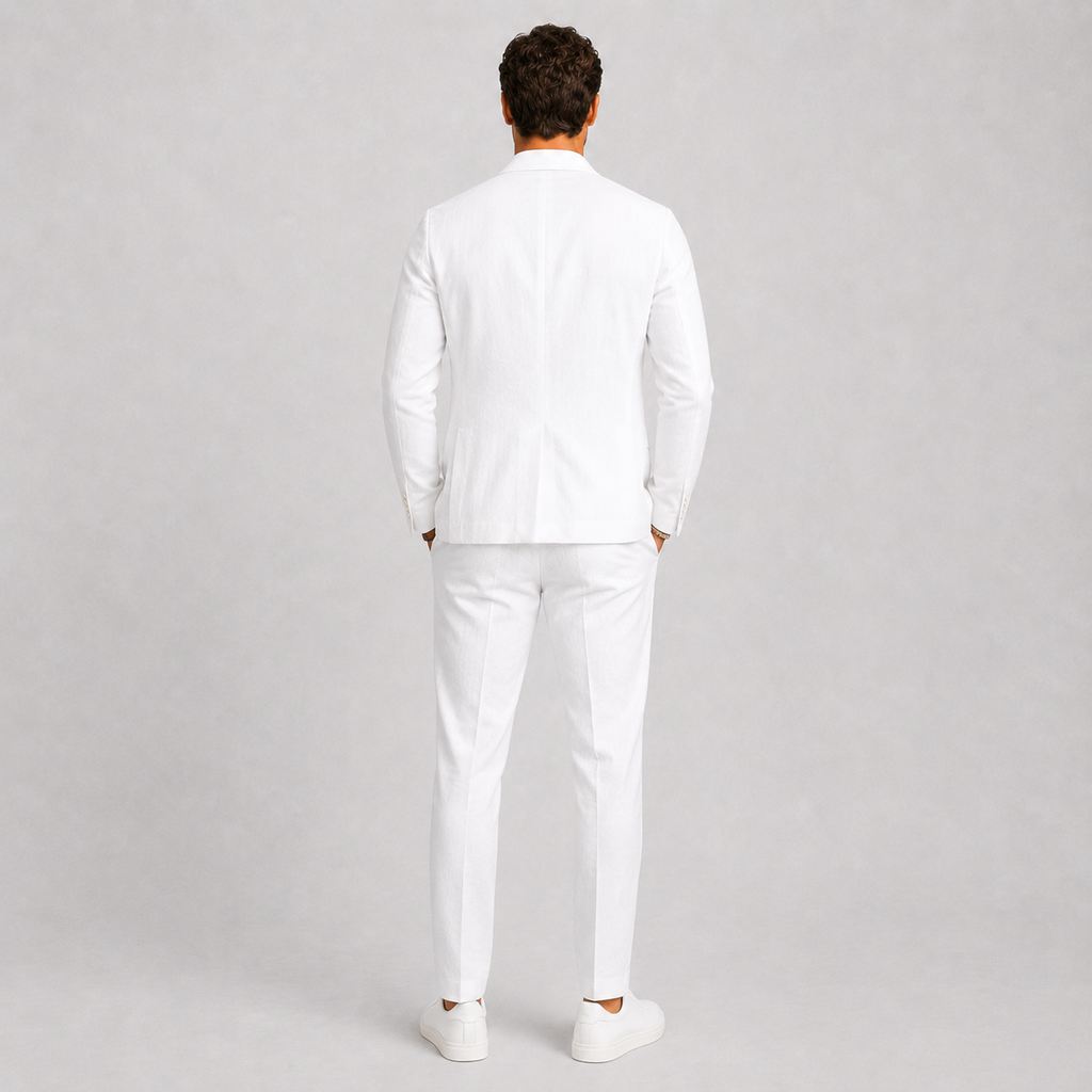 Costume en lin veste et pantalon assortis silhouette nette homme – Plougrescant