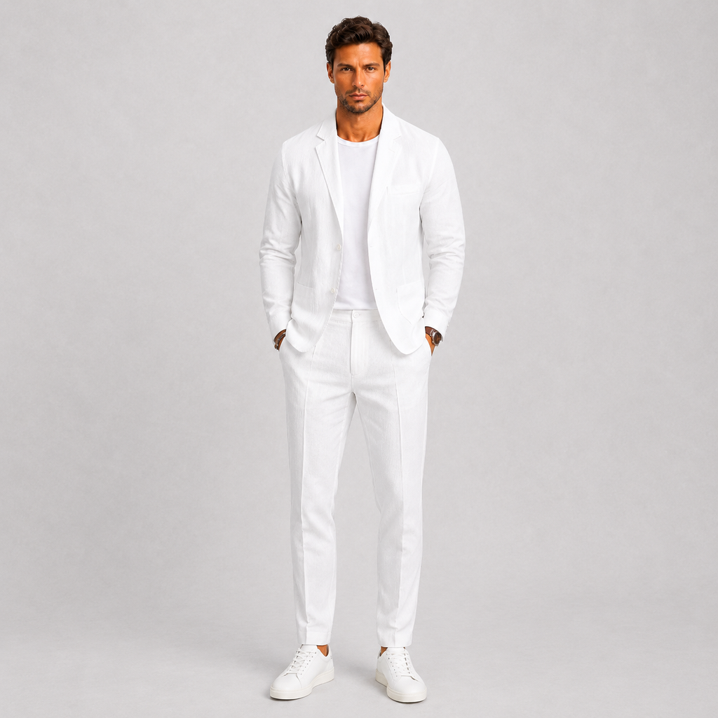 Costume en lin veste et pantalon assortis silhouette nette homme – Plougrescant