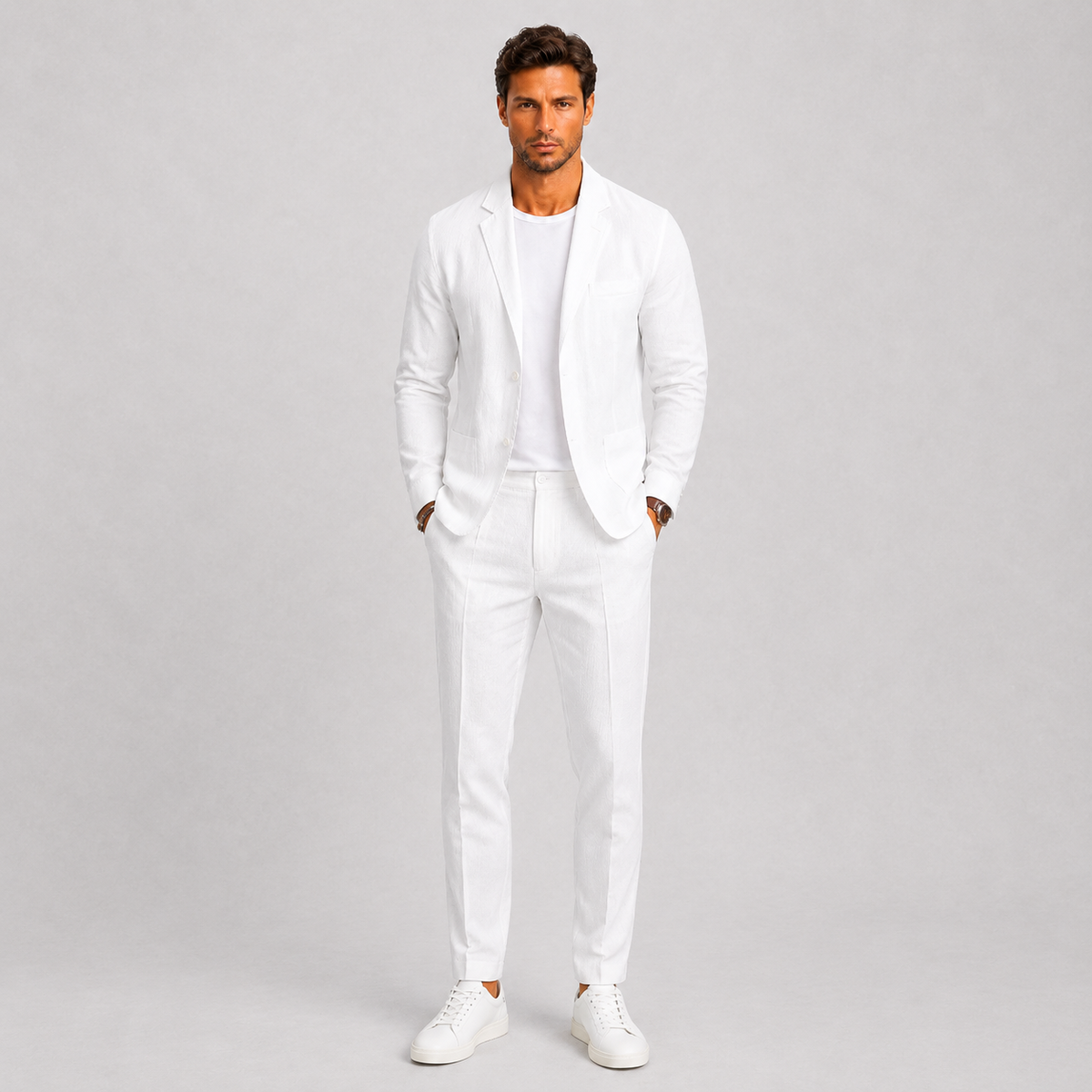 Costume en lin veste et pantalon assortis silhouette nette homme – Plougrescant
