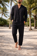 Ensemble en lin chemise sans col et pantalon coupe décontractée homme – Coutances