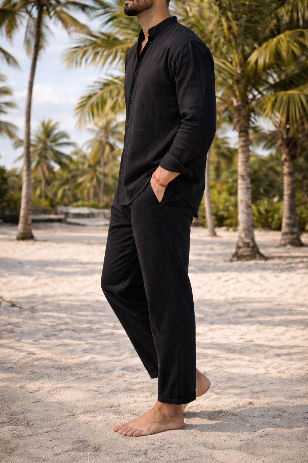 Ensemble en lin chemise sans col et pantalon coupe décontractée homme – Coutances