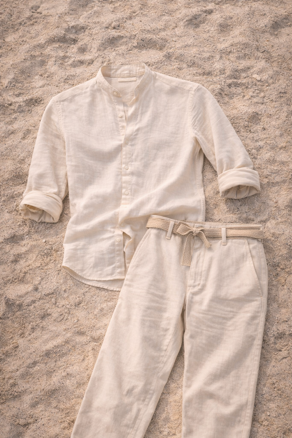 Ensemble en lin chemise sans col et pantalon coupe décontractée homme – Coutances