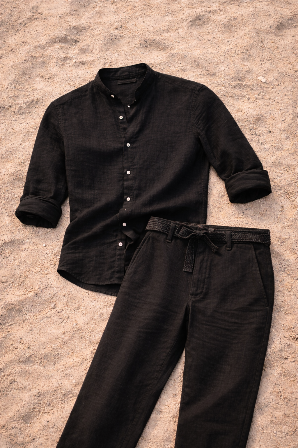Ensemble en lin chemise sans col et pantalon coupe décontractée homme – Coutances