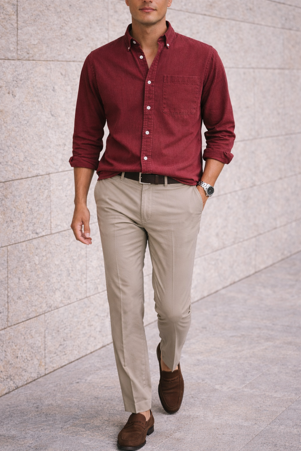 Chemise en coton à col boutonné coupe décontractée chic homme – Rouge