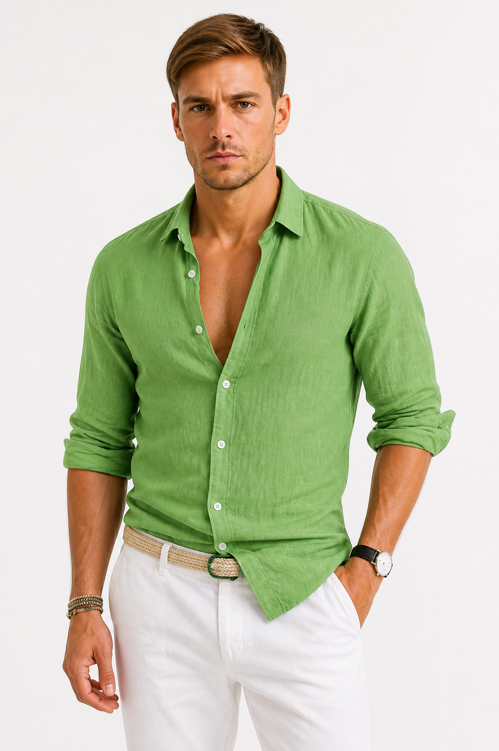 Chemise en lin manches longues col ouvert au style intemporel homme – Vert
