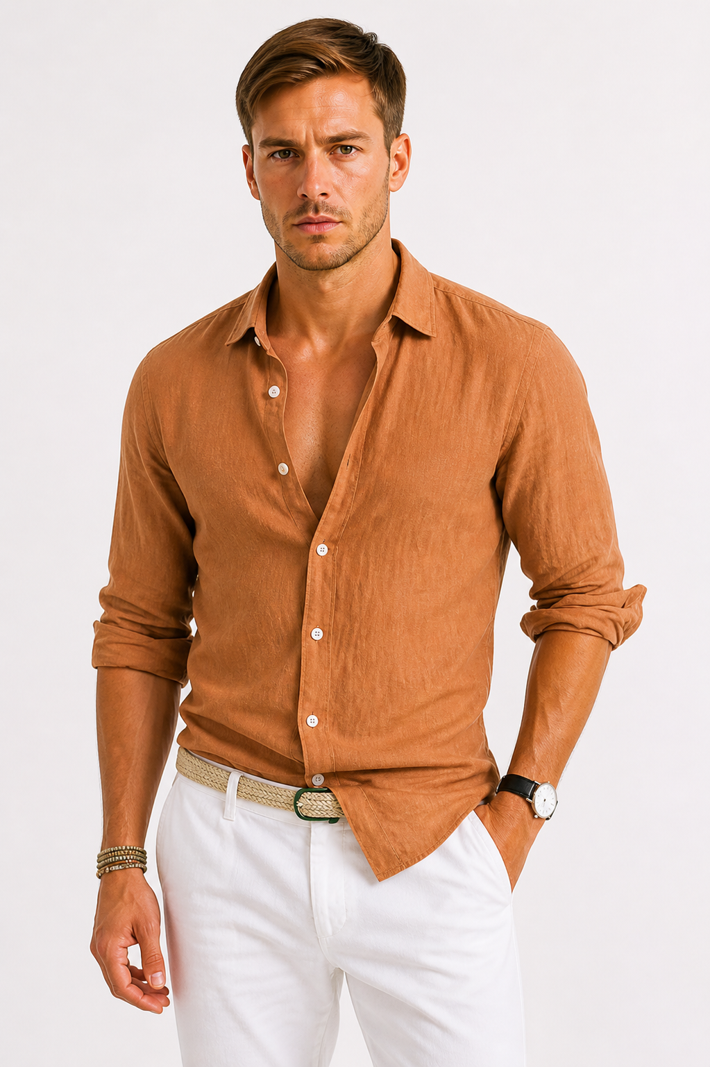Chemise en lin manches longues col ouvert au style intemporel homme – Vendôme