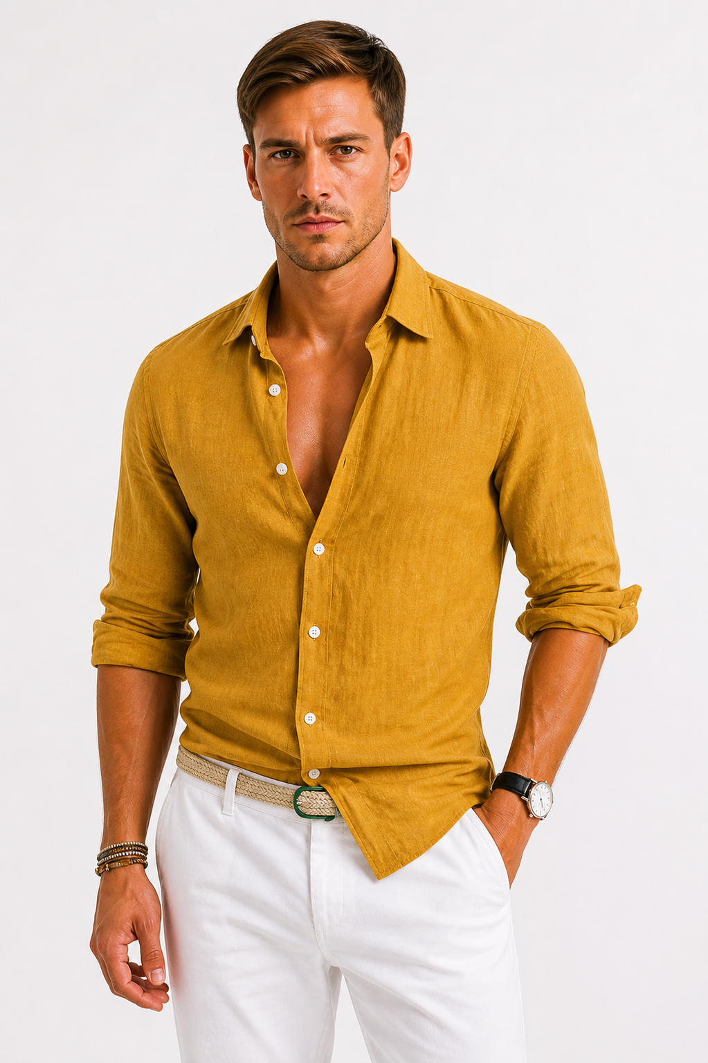 Chemise en lin manches longues col ouvert au style intemporel homme – Jaune