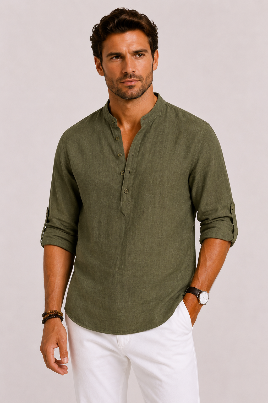 Chemise en lin col montant ligne minimaliste homme – Bonaparte