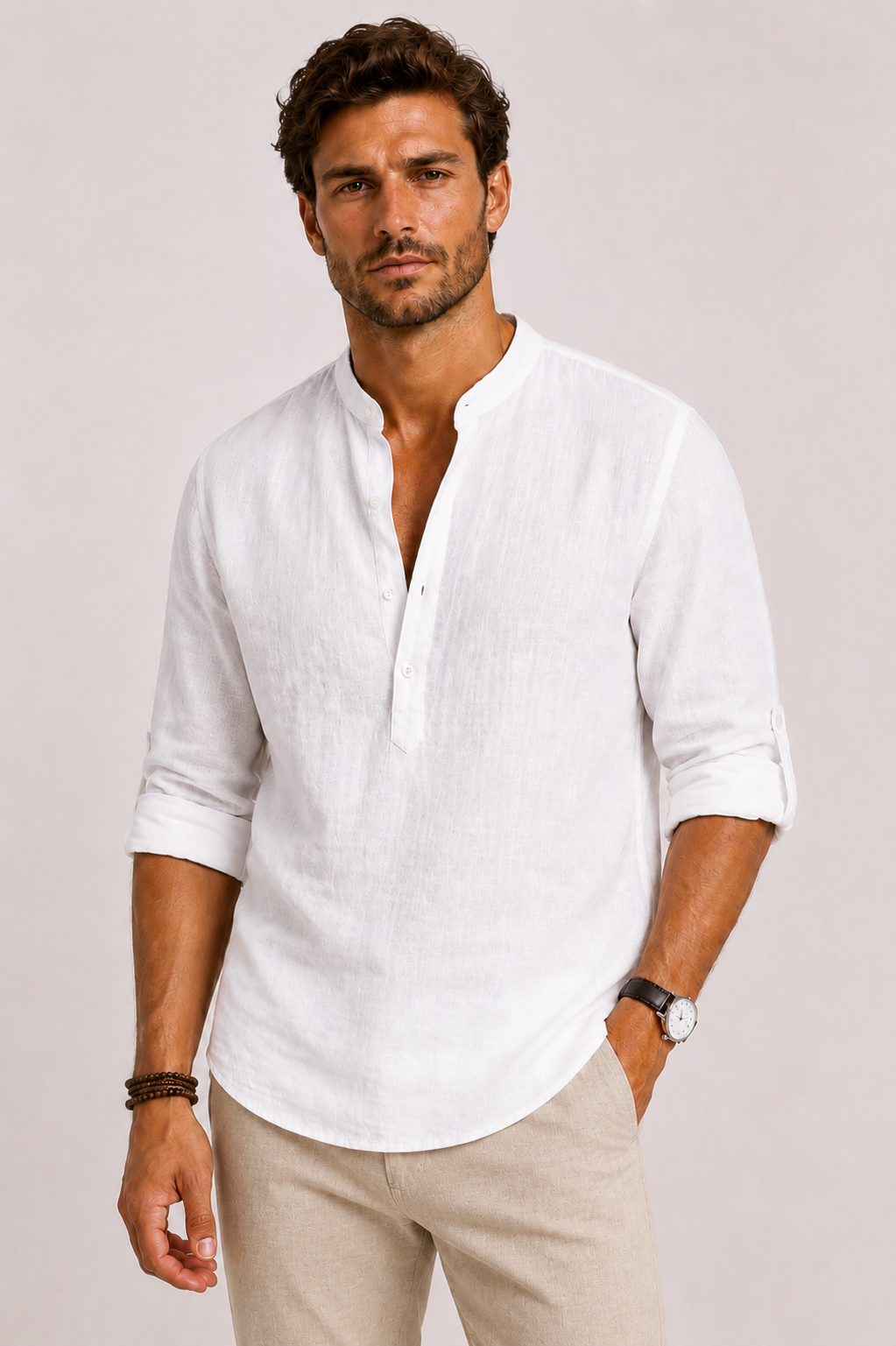 Chemise en lin col montant ligne minimaliste homme – Bonaparte
