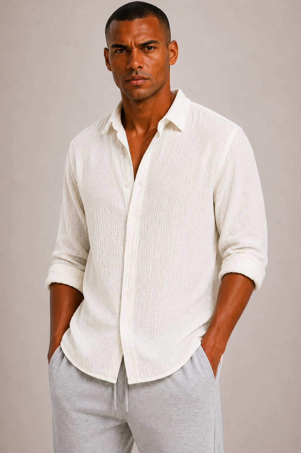 Chemise en coton texturé coupe régulière manches longues homme – Trouville