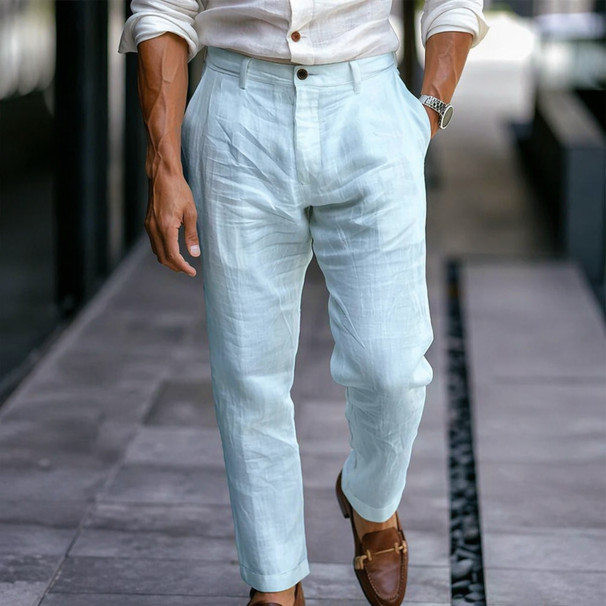 Pantalon d'été aspect lin longueur cheville