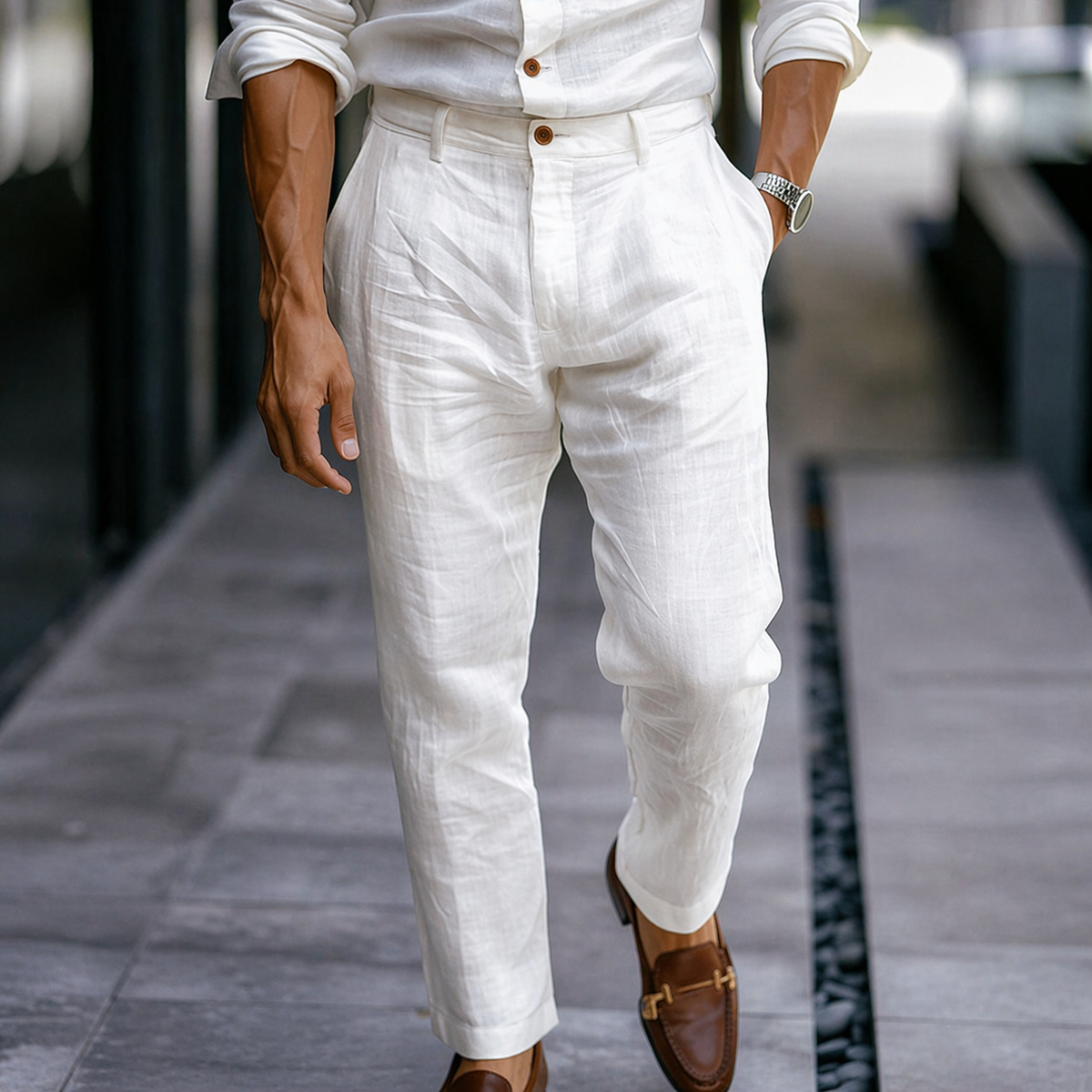 Pantalon d'été aspect lin longueur cheville