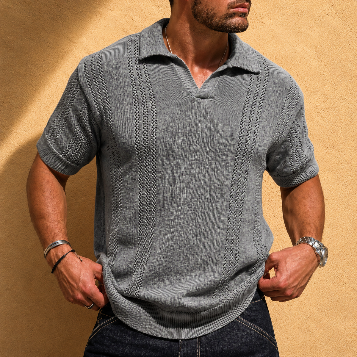 Polo en maille ajourée texturée