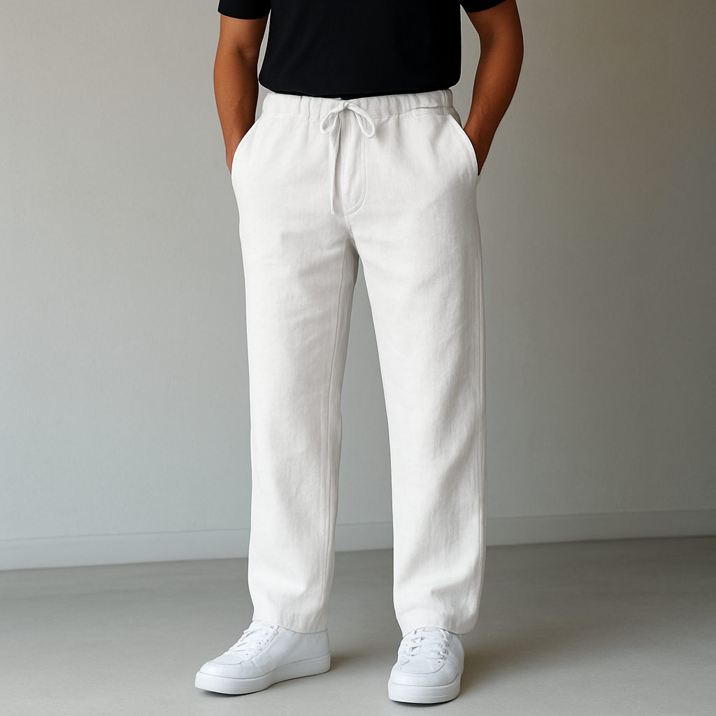 Pantalon aspect lin bleu marine à cordon