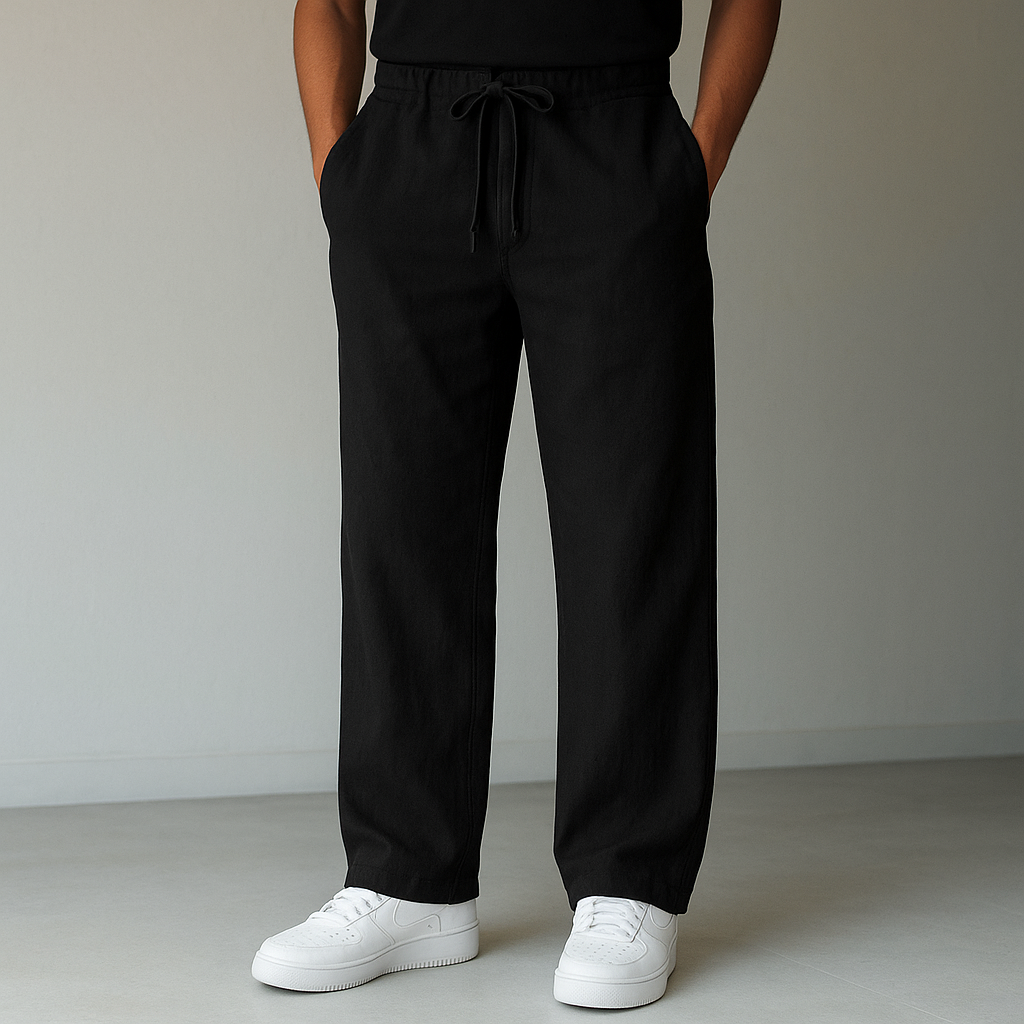 Pantalon aspect lin bleu marine à cordon