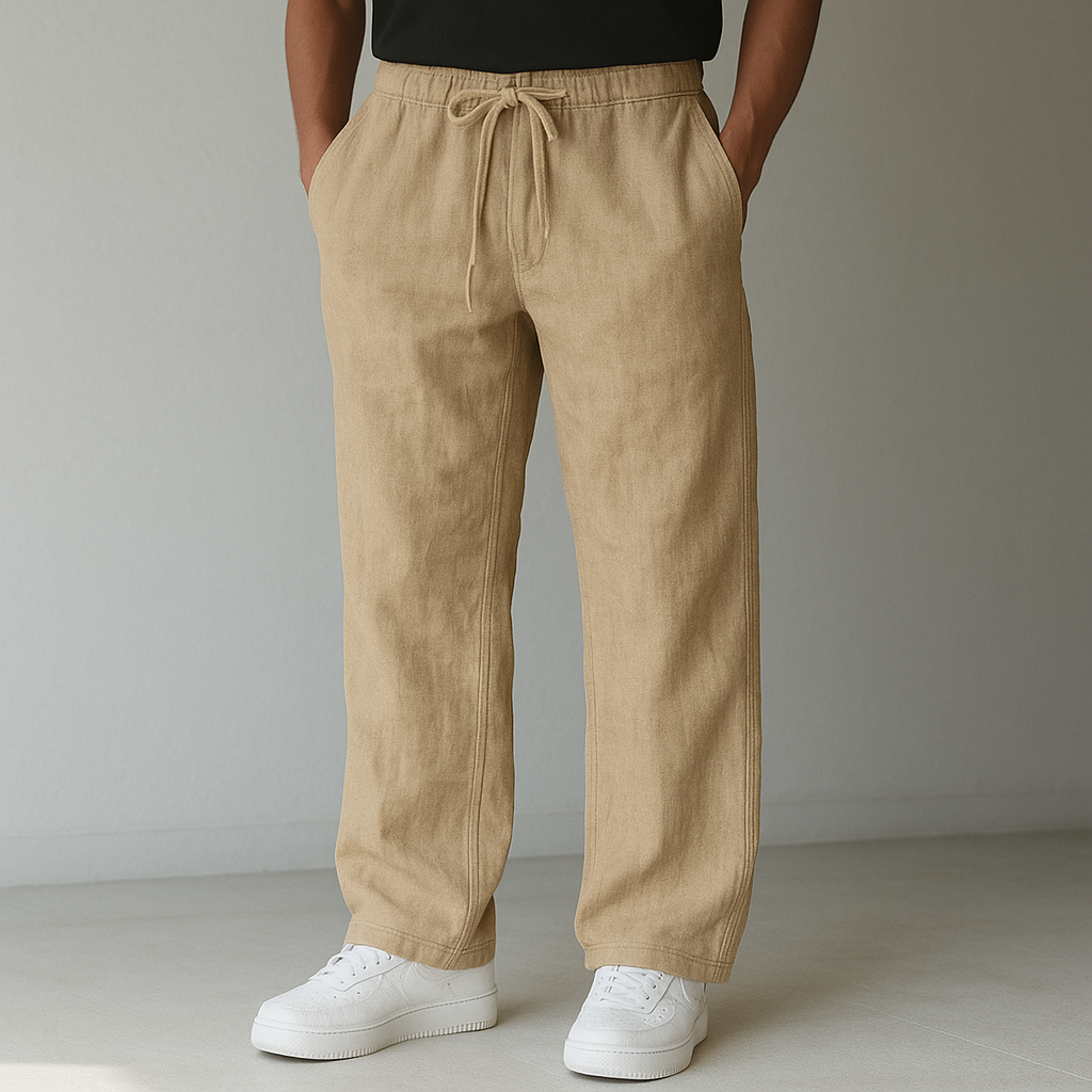 Pantalon aspect lin bleu marine à cordon
