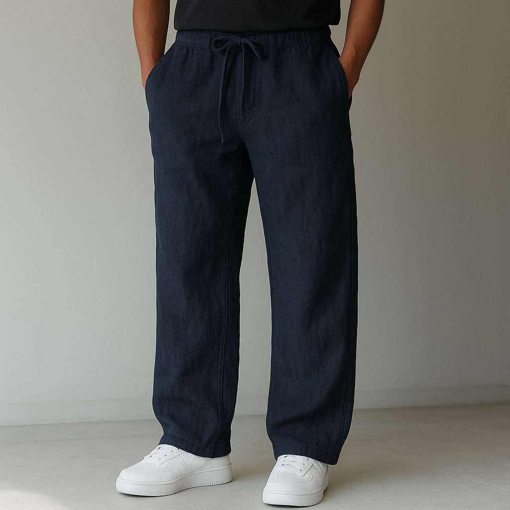 Pantalon aspect lin bleu marine à cordon