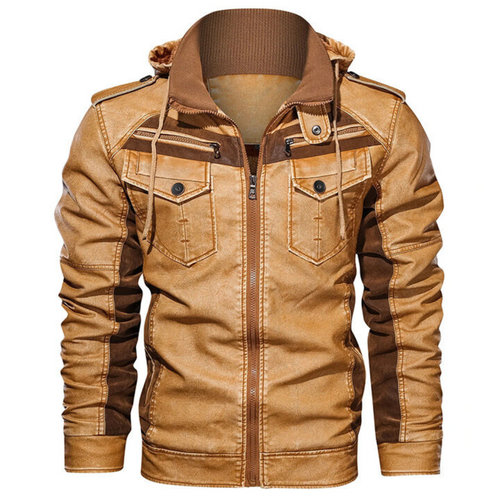 Blouson effet cuir marron clair à capuche