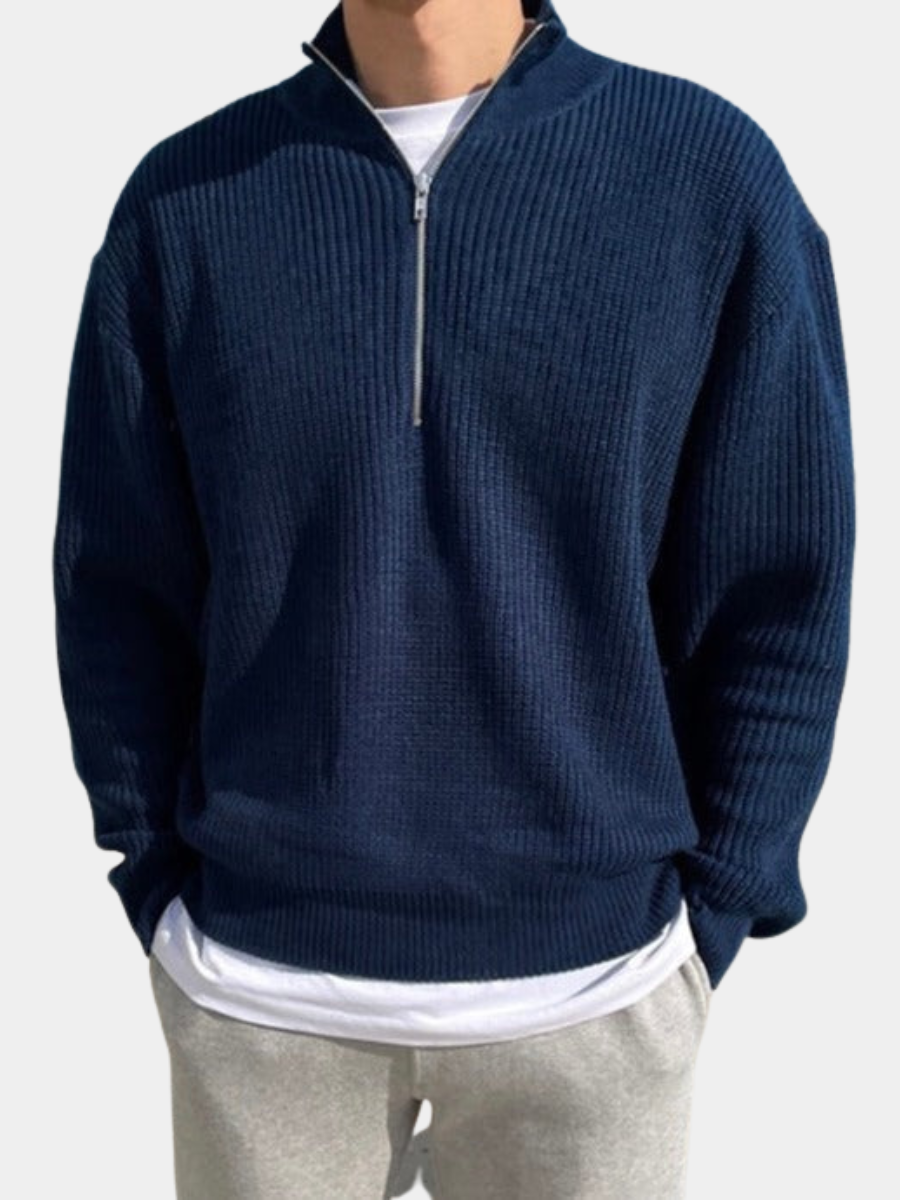 Pull demi-zippé en maille côtelée marine