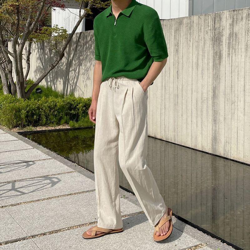 Pantalon beige aspect lin à cordon