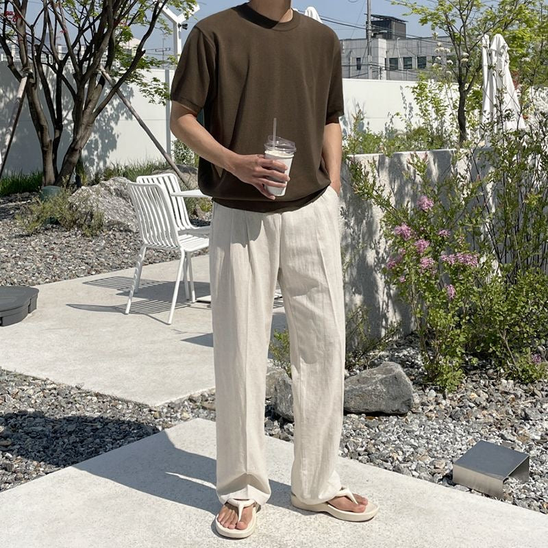Pantalon beige aspect lin à cordon