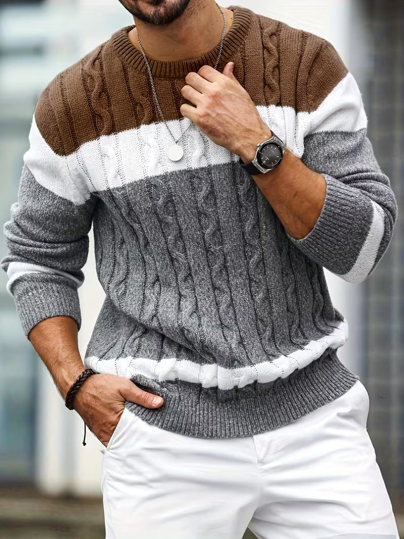 Pull torsadé col rond en maille color block coupe classique homme – Rocamadour