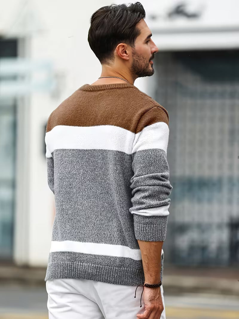 Pull torsadé col rond en maille color block coupe classique homme – Rocamadour