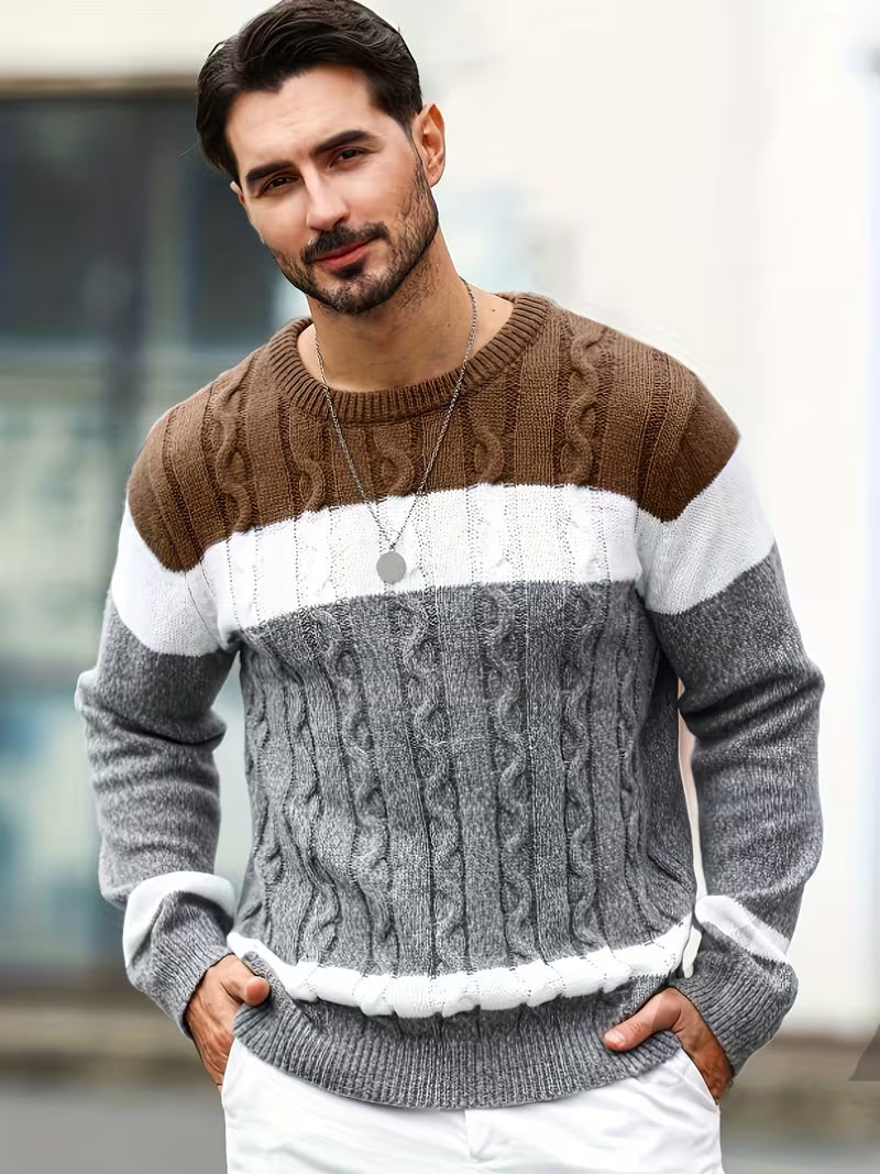 Pull torsadé col rond en maille color block coupe classique homme – Rocamadour